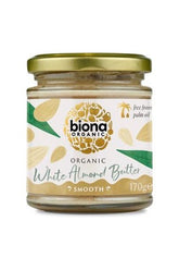 Biona Organic White Almond Butter Smooth 170g, vegan, no additives, rich in nutrients, made from organic almonds.